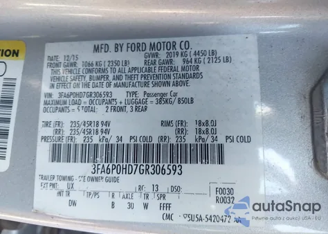 2016 Ford Fusion Se z USA, uszkodzony, nr VIN 3FA6P0HD7GR306593